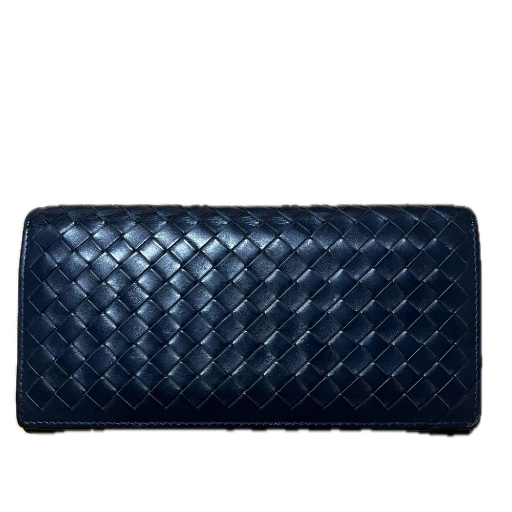 Bottega Veneta Intorechato Leather Wallet, Dark Navy Blue